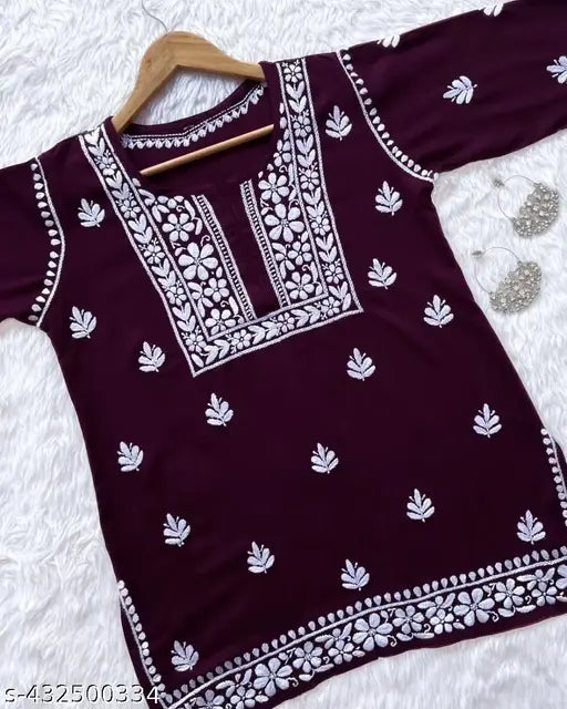Women Chikankari Straight Short Cotton Kurti