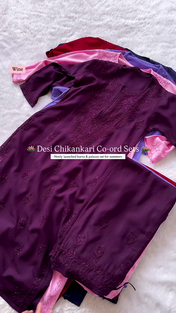 Lucknowi Chikankari Rayon Long Top Wine