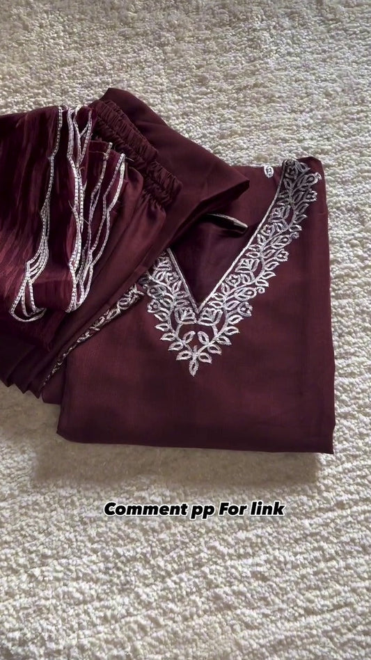 Stylish Embroidered Georgette Maroon Dress
