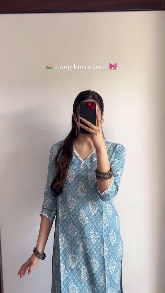 Trending Straight Long Cotton Kurti Sky Blue