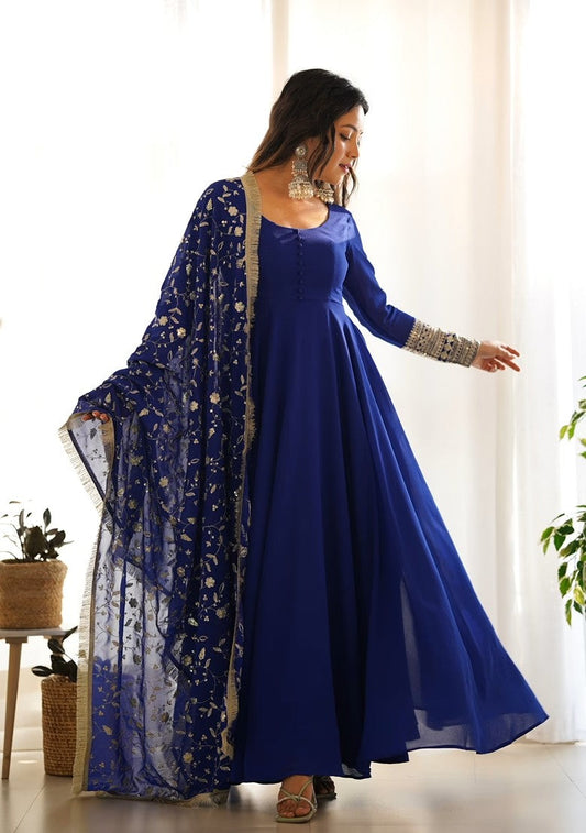 Trending Embroidered Georgette Blue Dress