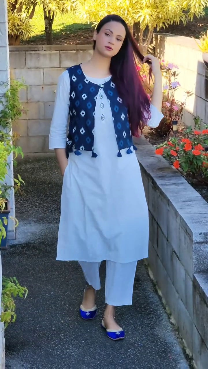 White Pure Cotton kurti With Trouser and Jacket