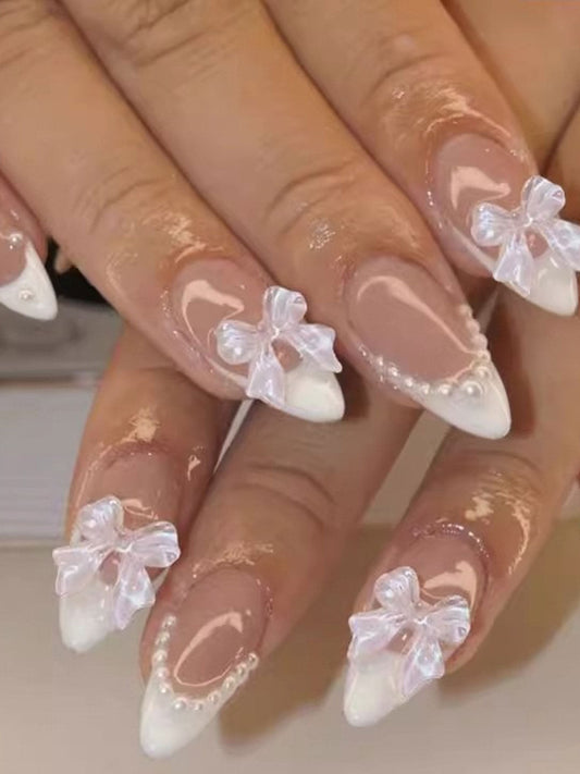 The Pink Truck Set of 24 Almond Tip Reusable Artificial Nails & Glue - Bowknot & Pearls PA6