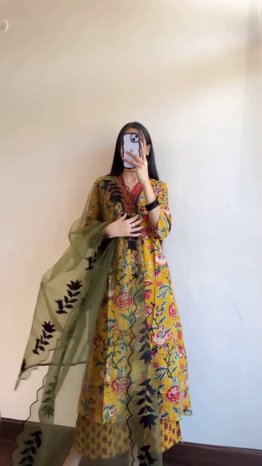 Festive Arrival Georgette Yellow Floral Dress