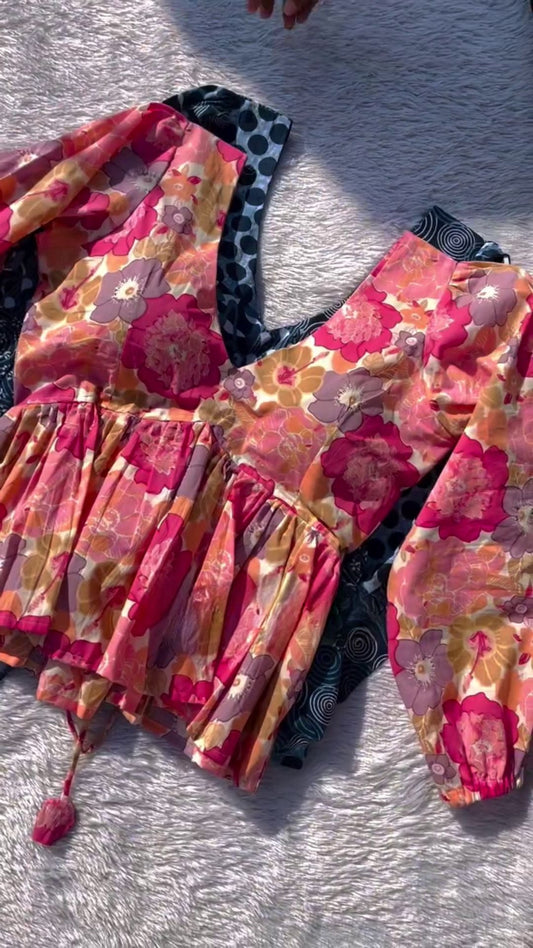 Girls Floral Printed Cotton Pink and Red Top