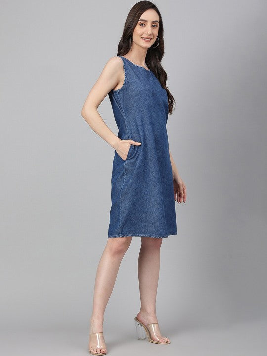 Women's Blue Denim Solid Straight Western Dress