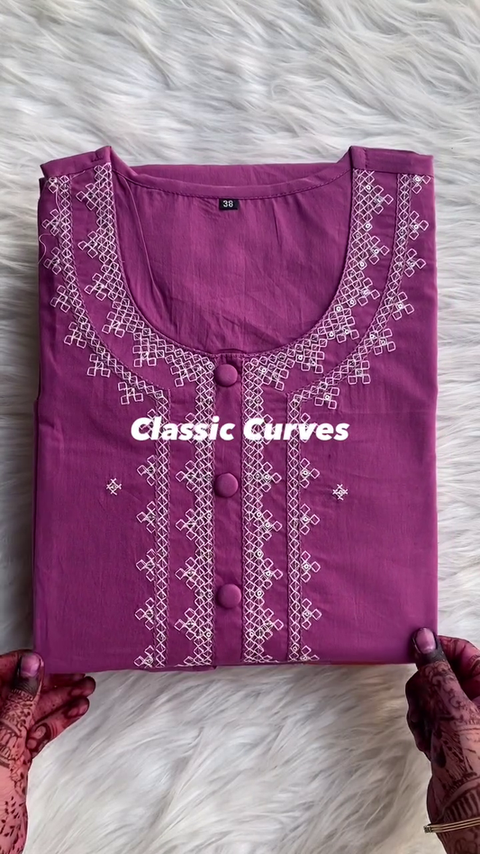 Purple Ethnic Motifs Embroidered Round Neck Thread Work Straight Kurta A1