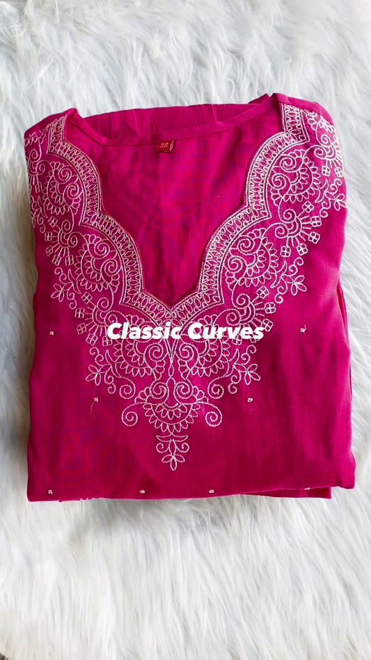 Pink Ethnic Motifs Embroidered Round Neck Thread Work Straight Kurta A2