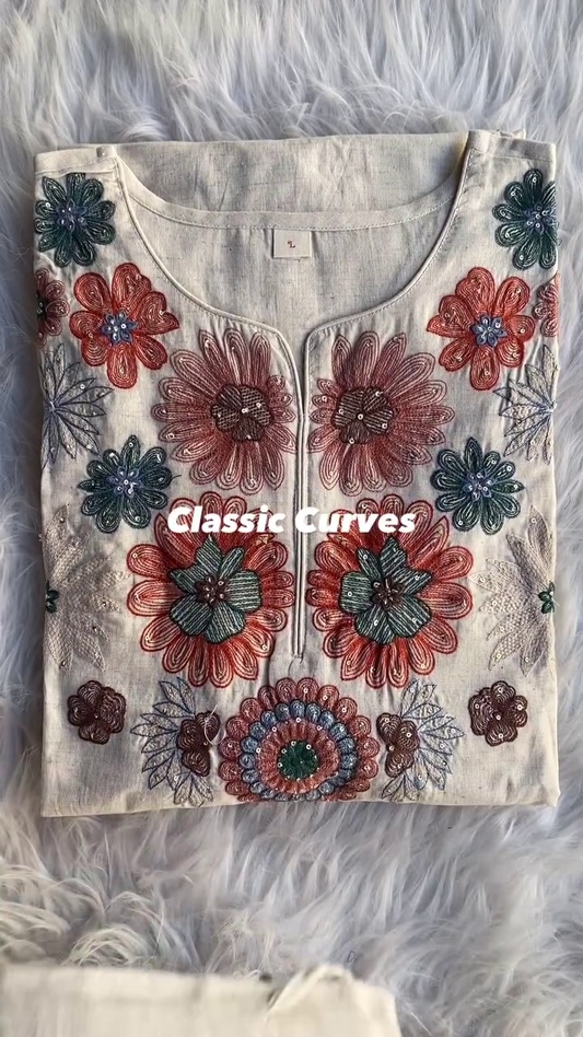 White Ethnic Motifs Embroidered Round Neck Thread Work Straight Kurta A3
