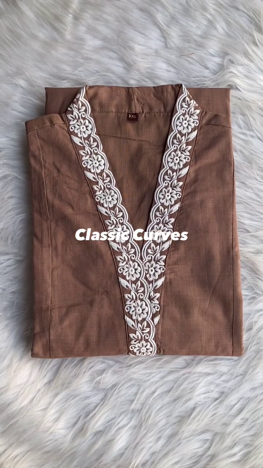 Brown Ethnic Motifs Embroidered Round Neck Thread Work Straight Kurta A4
