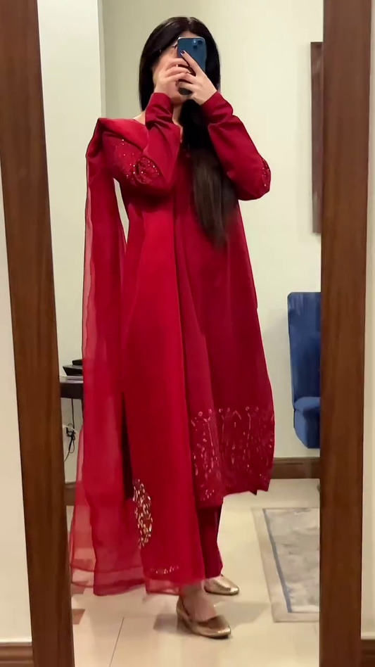 Maroon & gold Embroidered Straight Kurta With Trousers & Dupatta RA11 26