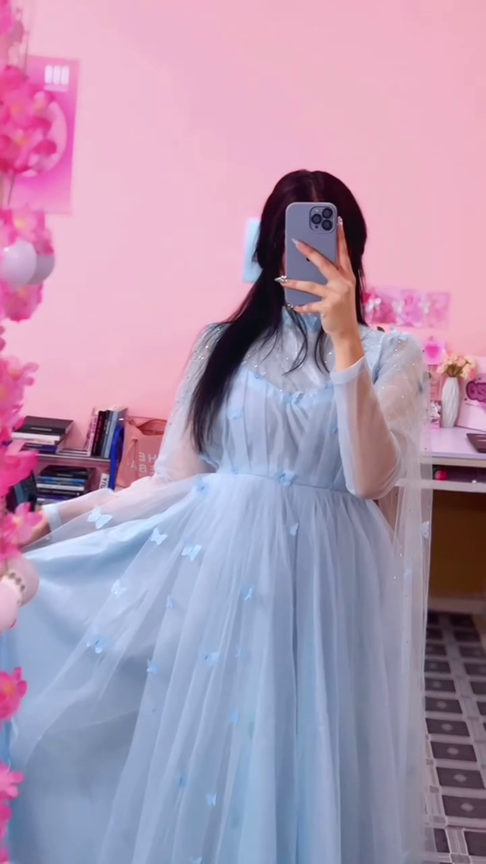 Blue Embroidered Net Gown RA12