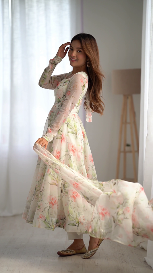 Embroidered Georgette White Floral Dress