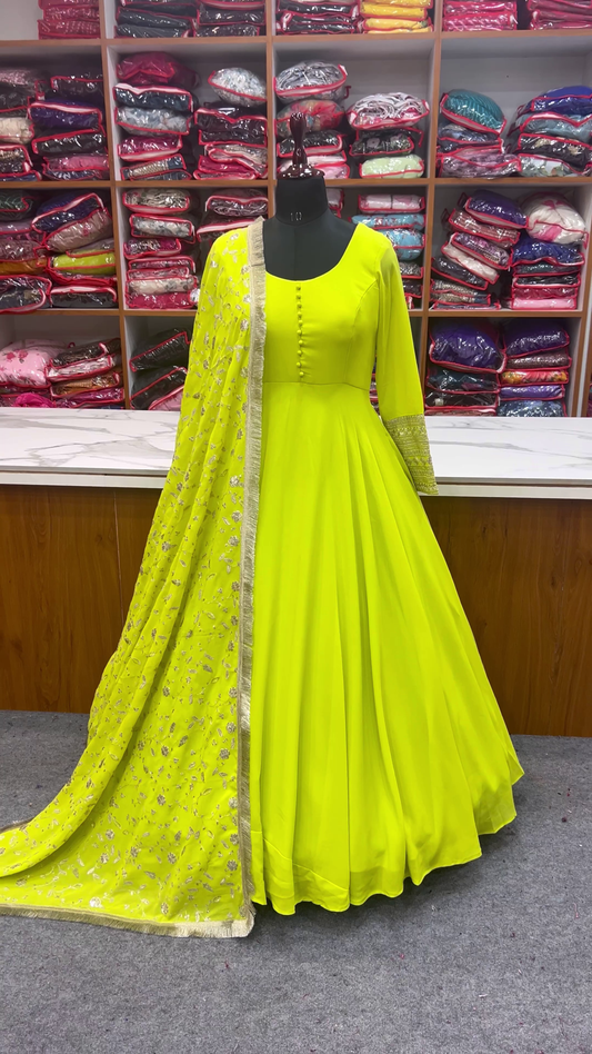 Trending Embroidered Georgette Lemon Green Dress