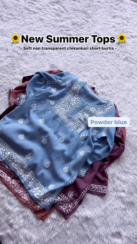 Lucknowi Chikankari Rayon Short Top Sky Blue