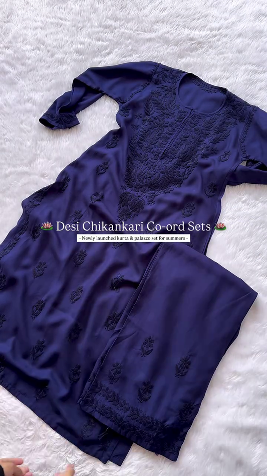 Lucknowi Chikankari Rayon Long Top Blue