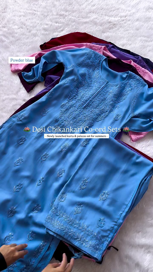 Lucknowi Chikankari Rayon Long Top Sky Blue