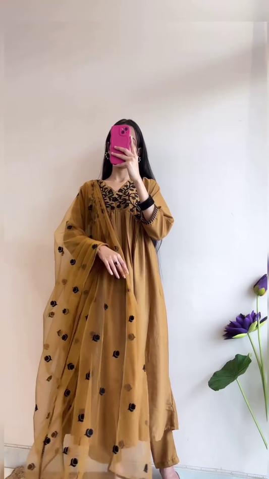 Festive Arrival Georgette Gold Yellow Floral Dress