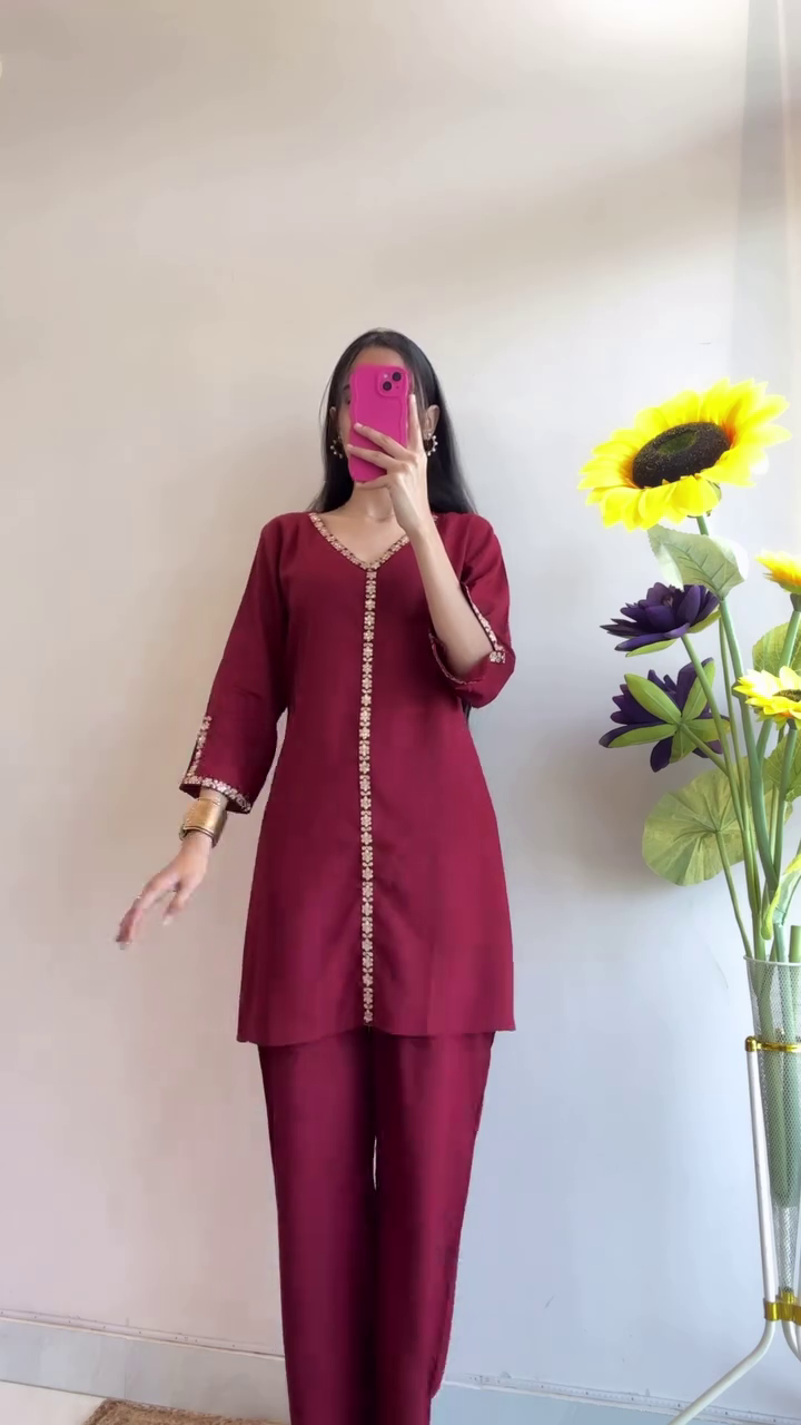 Trending Premium Ethnic Cotton Co-ordsets Maroon & Beige