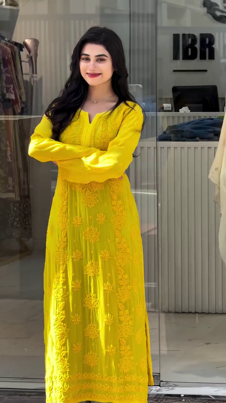 Chikenkari long Kurti with Yellow & green