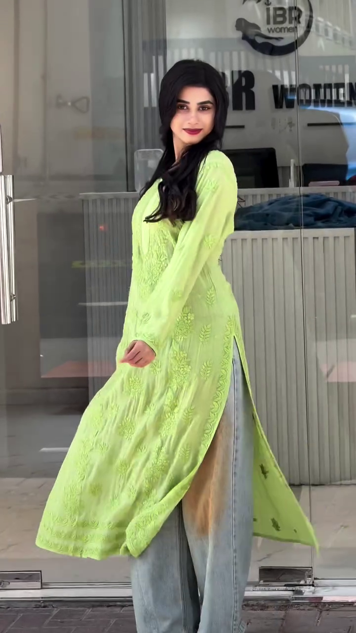 Chikenkari long Kurti with Yellow & green