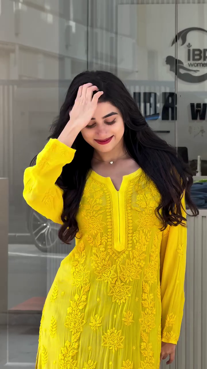 Chikenkari long Kurti with Yellow & green